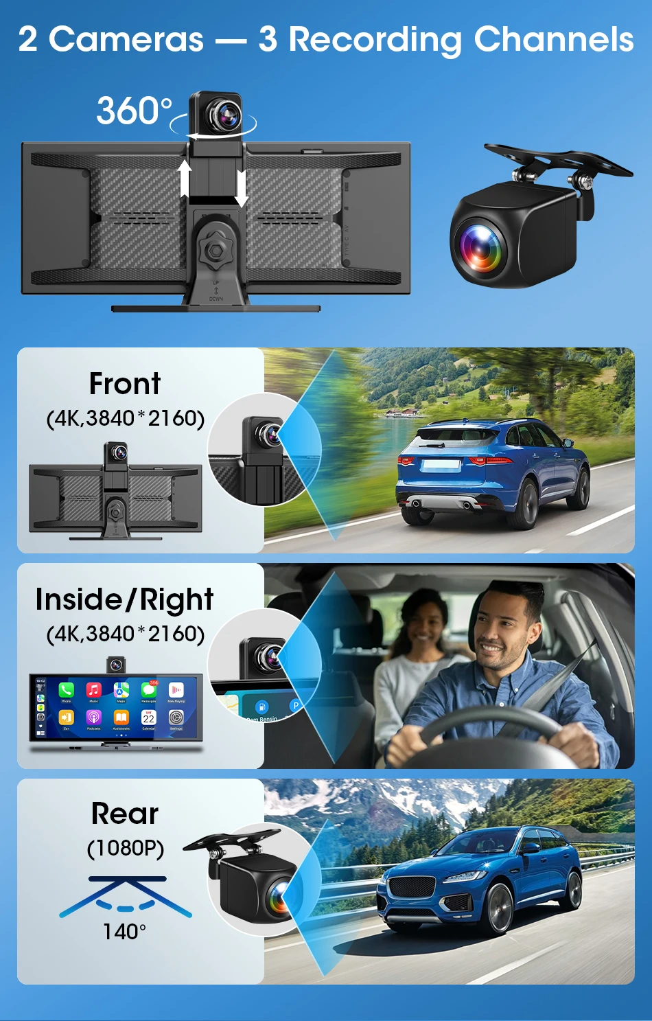 11,26 Zoll Dash Cam Auto DVR 4K Kamera Wireless Carplay Android Auto Touchscreen Dual Len Video Recorder Dashboard BT FM AUX GPS – Detail 7