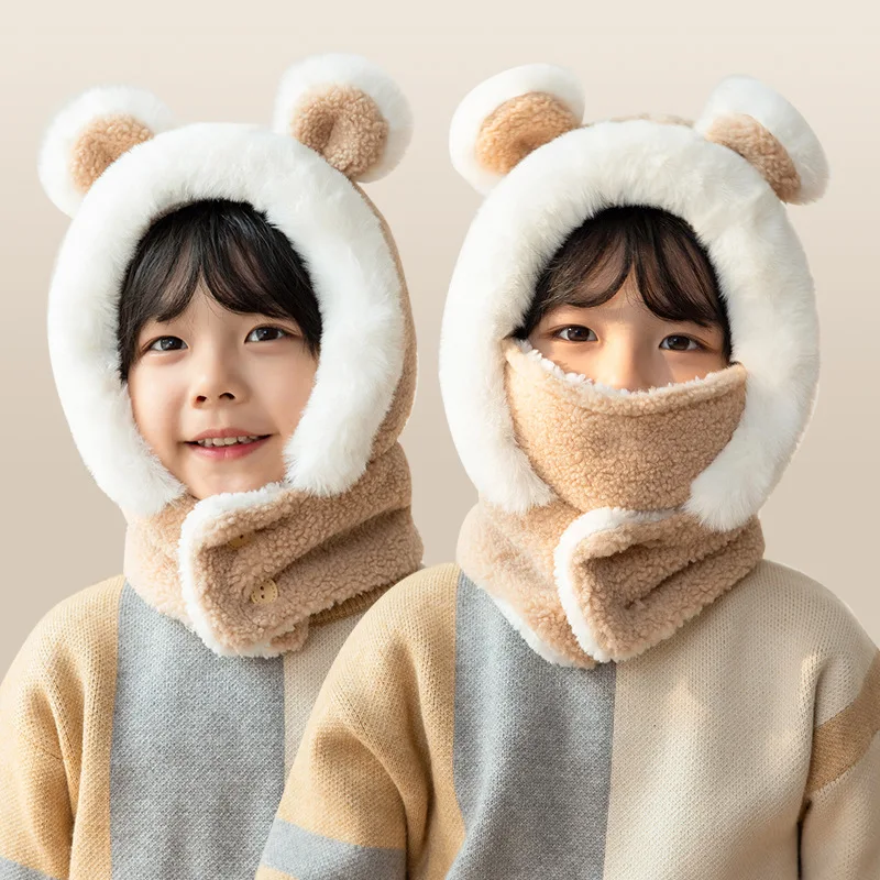 New Children\'s Hat Cartoon Bear Ear Flags Pullover Cap for Boys and Girls\' Baby Winter Hats Scarf Kids Plush Warm Cute Fur Cap