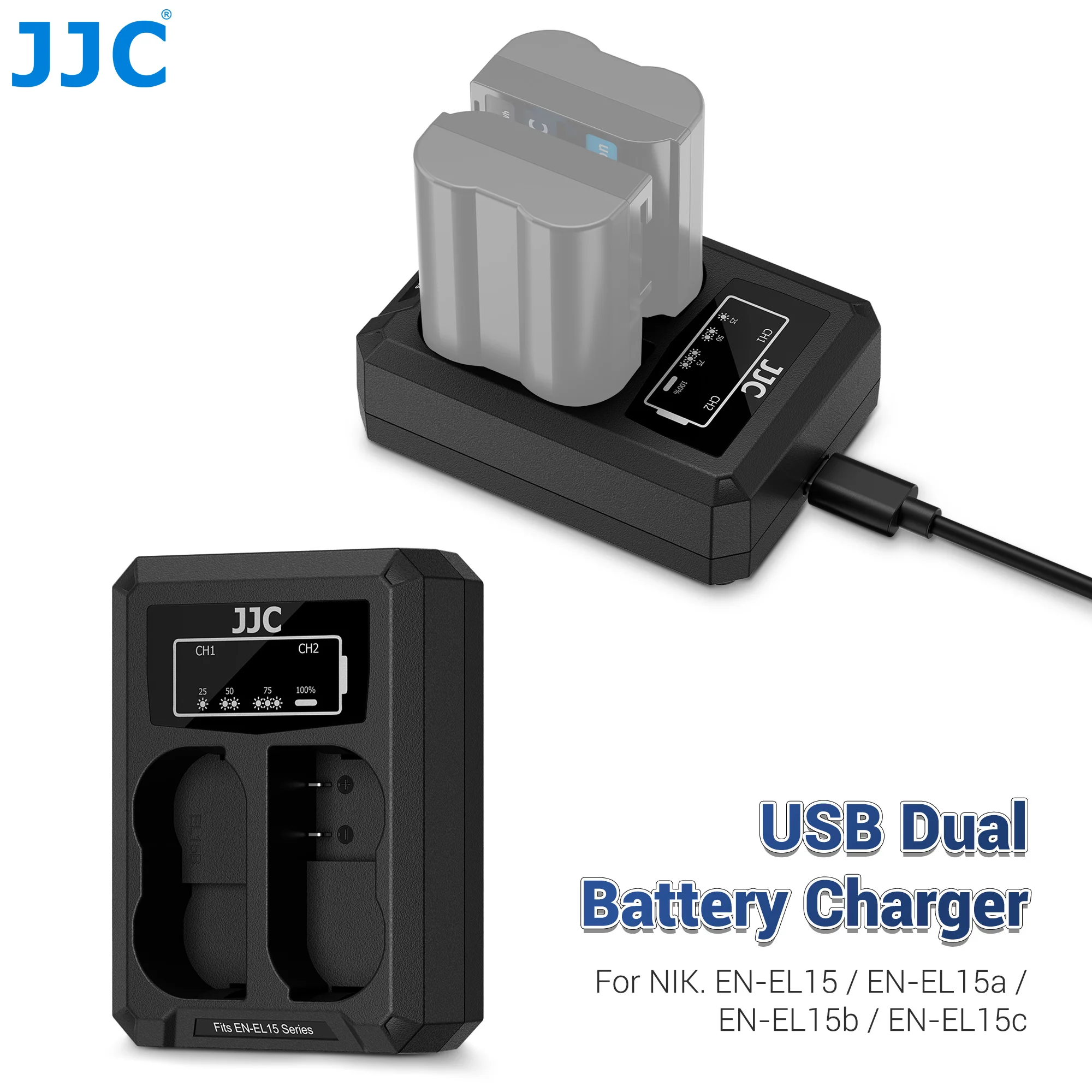 JJC USB Type C Camera Battery Charger for Nikon ZF Z8 Z7 II Z6 III Z5 II D7200 D7000 D7500 D750 D810 EN-EL15c Battery Charger