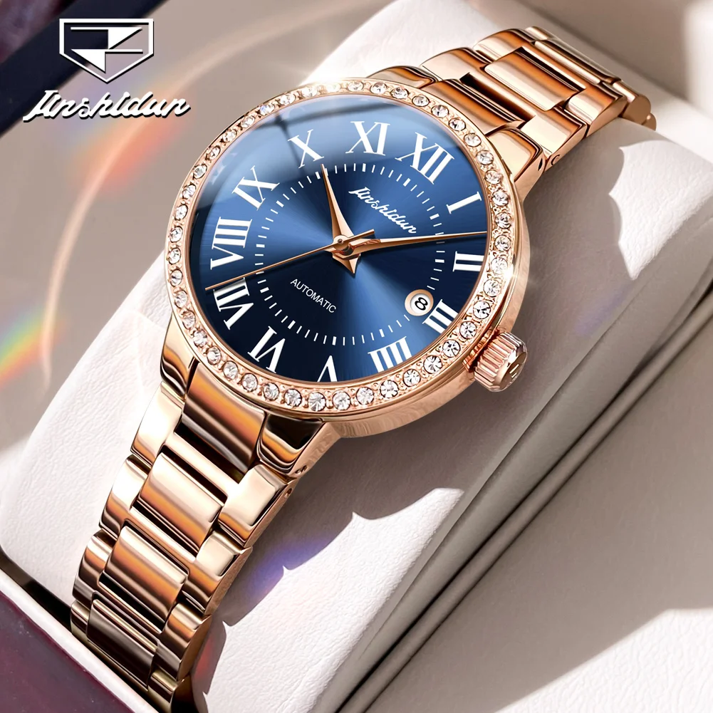 JSDUN Automatic Watch for Women Luxury Roman Scale Rose Gold Diamond Ladies Watches Stainless Steel Mechanical Watch reloj mujer