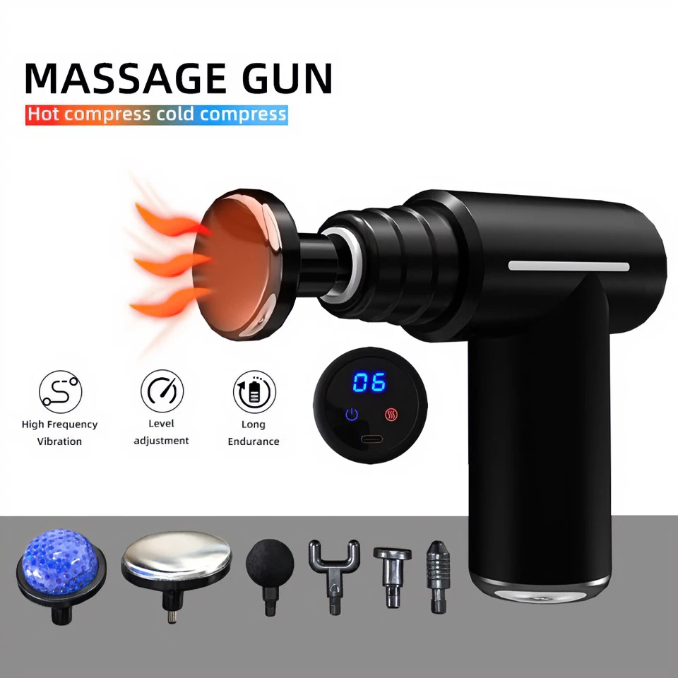 

Профессиональный портативный массажный пистолет с LCD-дисплеем, функцией холодного и горячего массажа, глубоким воздействием на ткани, 6 насадок, вибрационный массажер для мышц и фасций