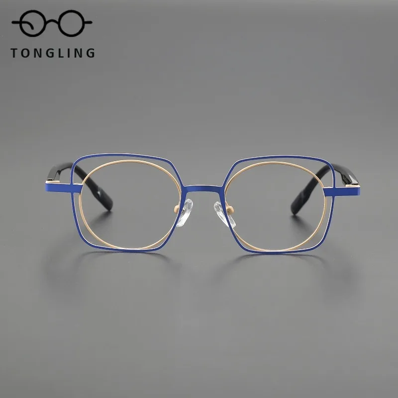 

Multi-Color Women Personalized Acetate Titanium Alloy Patchwork Men Handcrafted Retro Fashionable Hollowed-Out Spectacle Frame