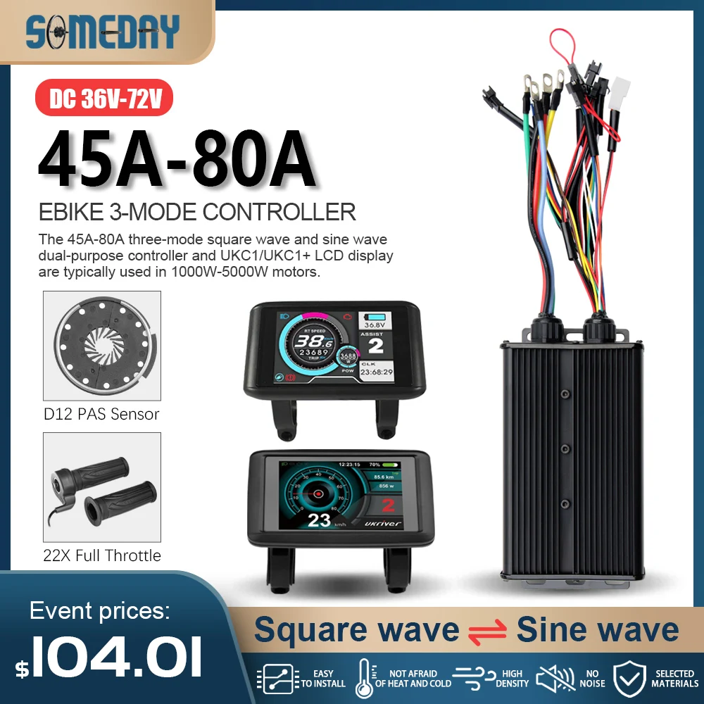 

Electric Bicycle Scooter 3 Mode Controller 45A/60A/80A Sine to Square Wave Converter 36V-72V for 1000W-5000W Accessories