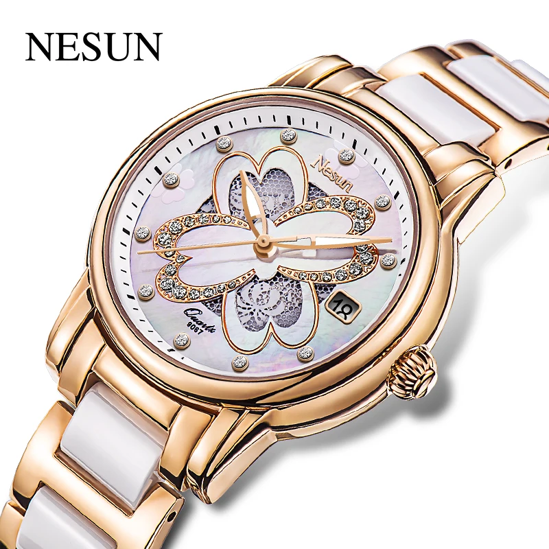 NESUN Official Women Fashion Casual Japan Miyota Quartz Movement Wristwatches Ceramic Band 100M  Waterproof  Four Leaf Clover