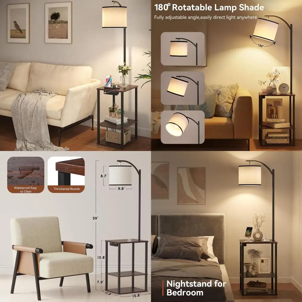 

Contemporary Floor Lamp with Integrated Table, Living Room End Table Lamp, Charging Station Side Table with USB & AC Ports, 3-Te