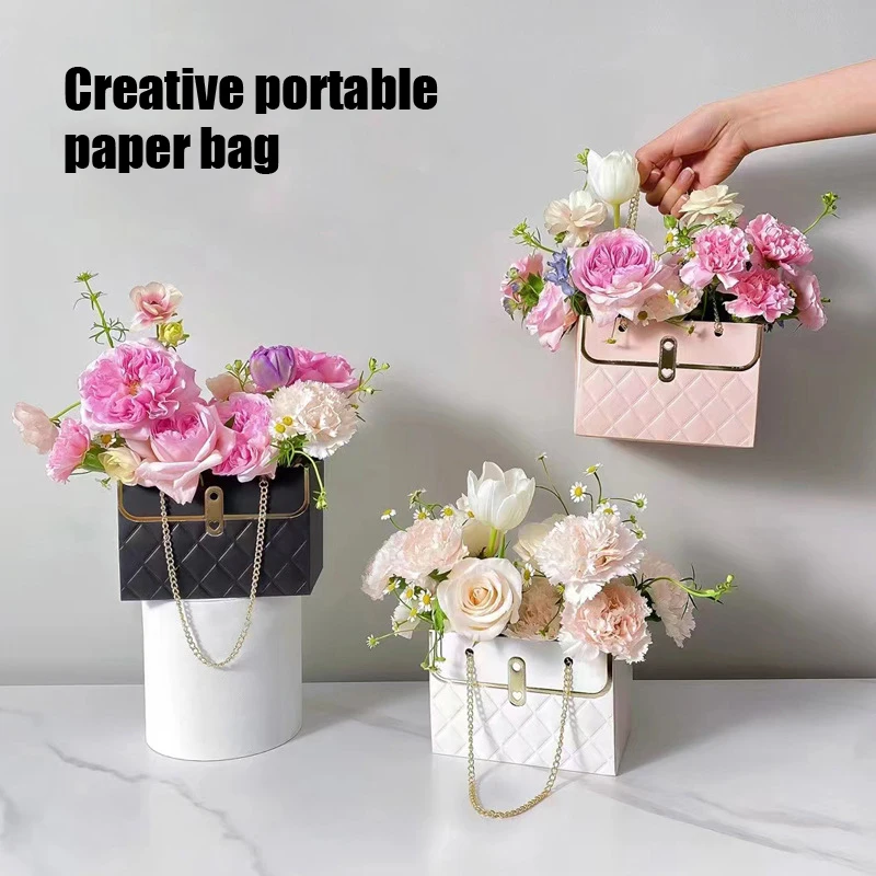 Portable Flower Box Foldable Paper Handy Gift Bag Kraft Handbag Wedding Rose Party Gift Box Packaging For Candy Cake Birthday