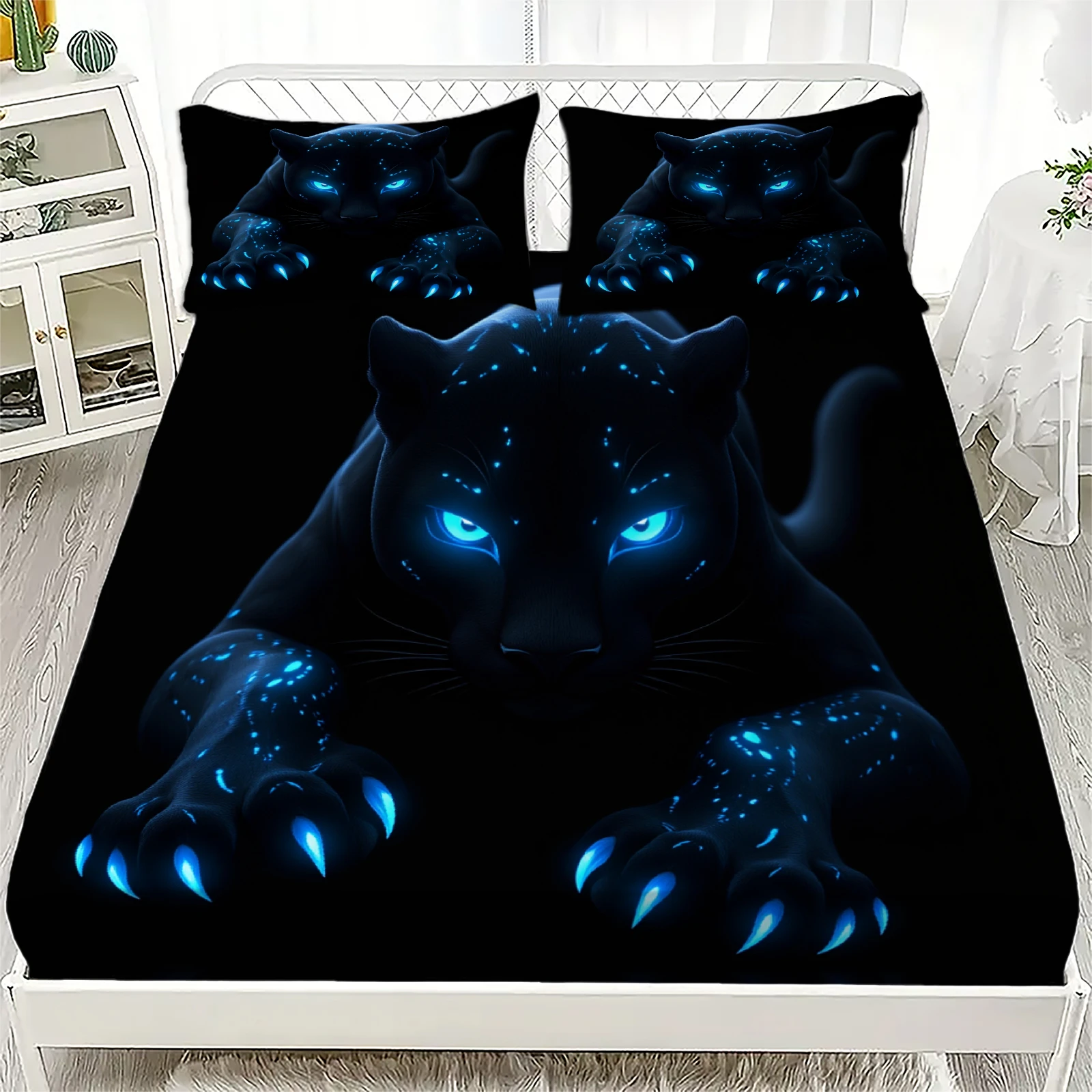 3pcs-fitted-sheet-set-panther-3d-printed-blue-glow-animal-breathable-durable-bed-sheet-with-pillowcases-for-bedroom-decor