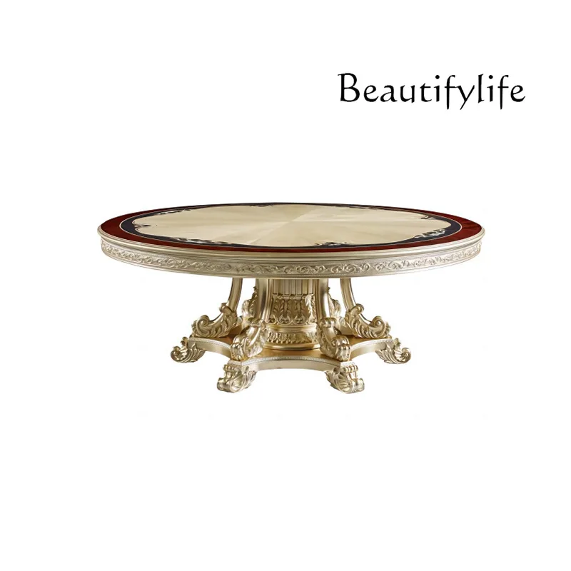 

French luxury solid wood carved mosaic round dining table European palace luxury turntable dining table and chair combination