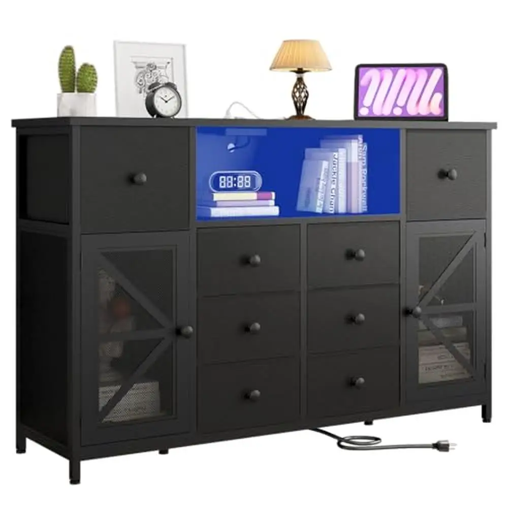 

Bedroom Fabric Dresser Chest Drawers Doors LED Lights Charging Station Storage Black