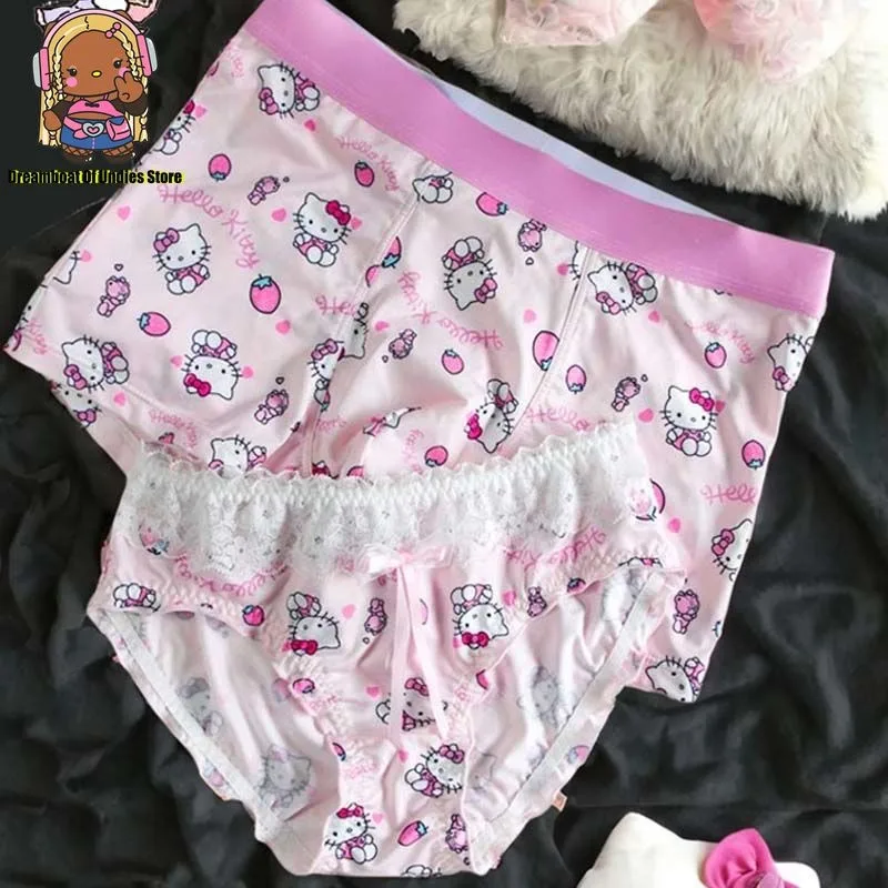 Hellokitty Cartoon Anime Cute Couple Underwear Women Middle Waist Lace Panties Men's Boxers Pink Strawberry Print Boyfriend Gift