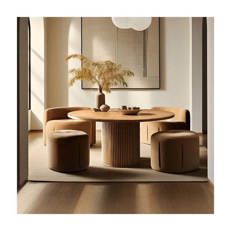 Modern Dining Tables Wooden Pedestal Base Panel Mdf Veneer Small Round Solid Wood Dining Table Fluted Round Table