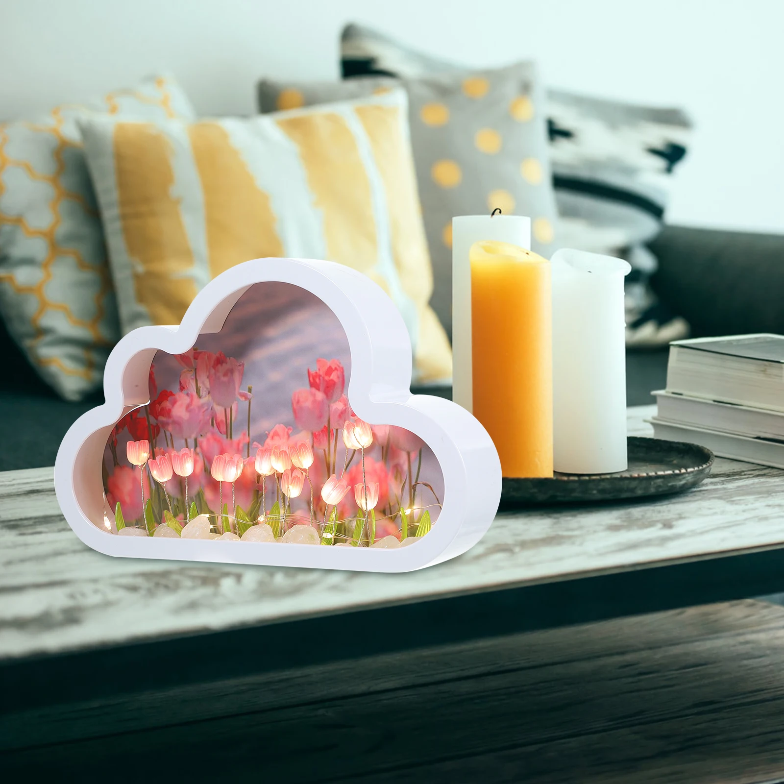 

1 set Tulip Cloud Night Lamp Pink DIY Photo Frame Bedroom Decor Glow made Floral Light Table Lamp Soft Glow
