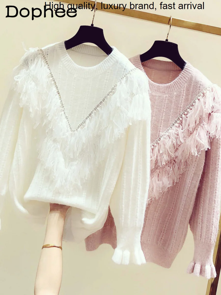 Beaded Korean Style Tassel Mesh Stitching White Pullover Women 2023 Winter New Outer Wear Long Sleeve Knitted Sweater