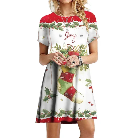 Röd jultomteklänning för kvinnor 2022 julklänning i snöflingemönster mode kortärmad klänning lös casual överdimensionerade kläder 10 best sales svart jultomteklänning - №2
