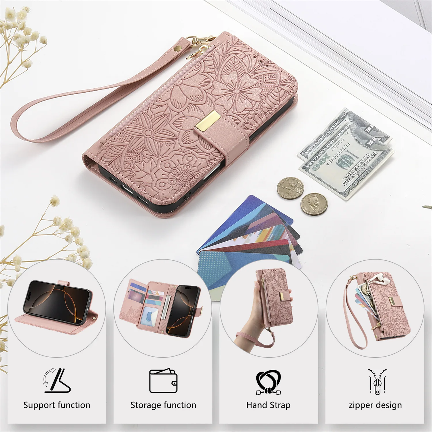 Casing Kulit Lipat Elegan dengan Dompet Motif Daun Bunga untuk iPhone 17 Air 17 Pro 16 Pro Max 15 Pro