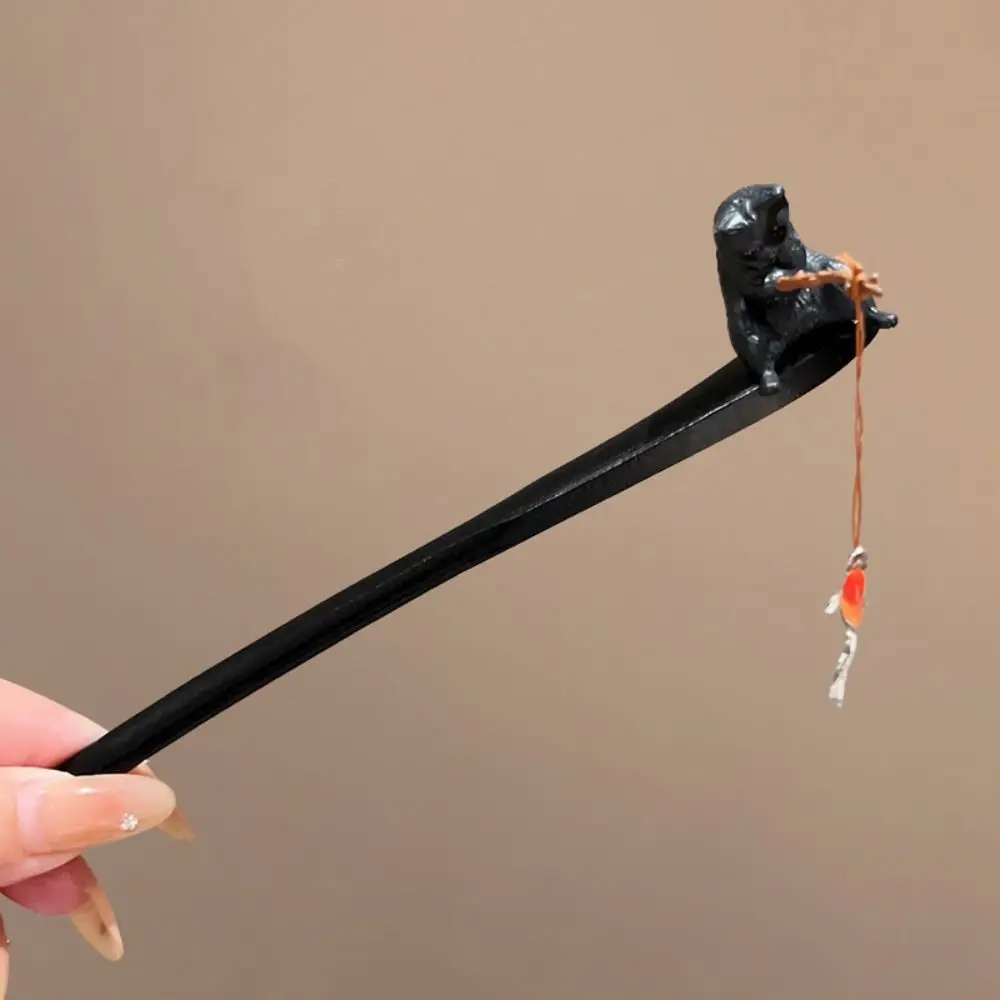 

Cat Fishing Wooden Hair Stick Black Sandalwood Chinese Style Hanfu Hairpin Hair Sticks for Buns Hanfu Headwear Hanfu Accessories