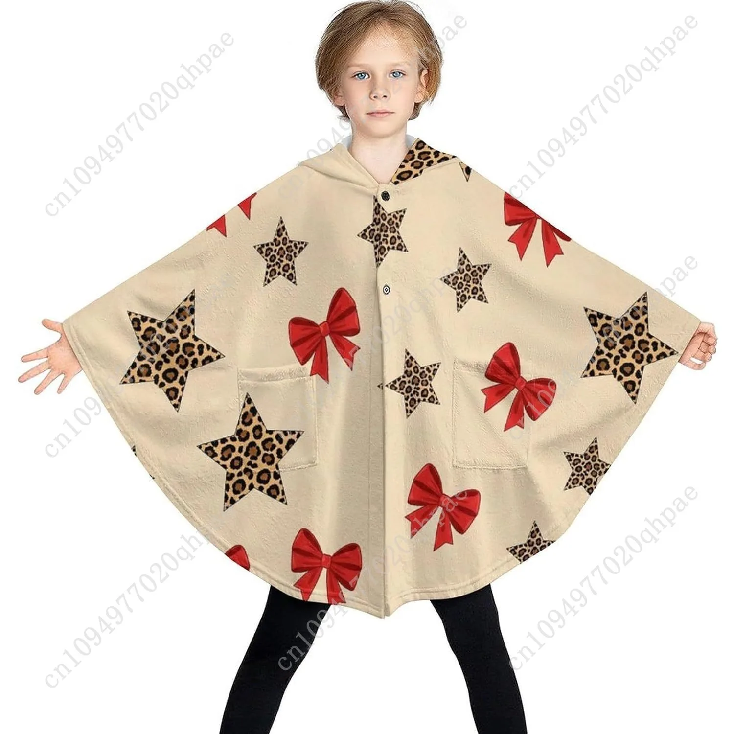 Suéter cobertor de flanela aconchegante, capuz grande com estrelas de leopardo e arcos vermelhos com bolsos para crianças e adolescentes
