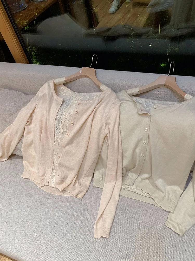 

Романтичный мягкий вязаный кардиган с кружевными вставками, женский, модный, ZNG OP, в оттенках абрикоса, корейский стиль, свободный крой