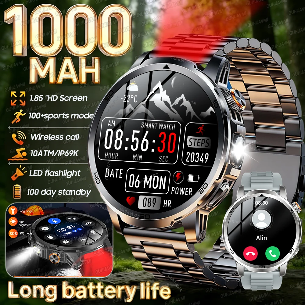 

Новые умные часы 2026 года для мужчин: военные, для активного отдыха, AMOLED 1.85 дюйма, аккумулятор 1000 мАч, IP69K, водонепроницаемые, с фонариком, пульсометром и беспроводными звонками