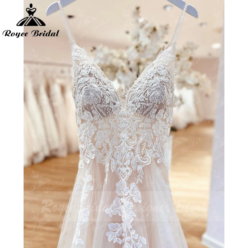 Vestido de novia bohemio personalizado, apliques de encaje, cuentas florales, espalda descubierta, tirantes finos, vestidos de novia, estido de noiva praiano 2025