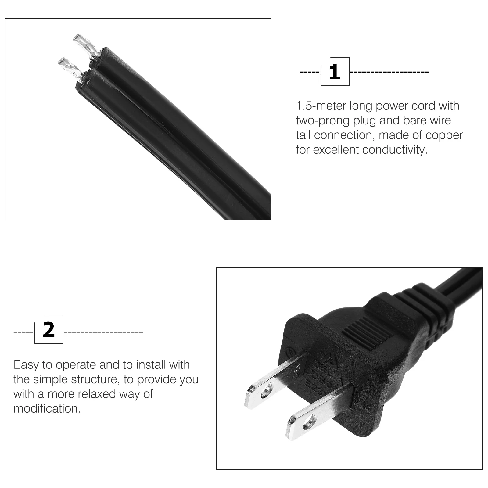

2pcs 1.5M Power Prong Plug Replacement Appliance Cable For Lamp Computer Rice Cooker Machine Tool Home Office Bare Tail