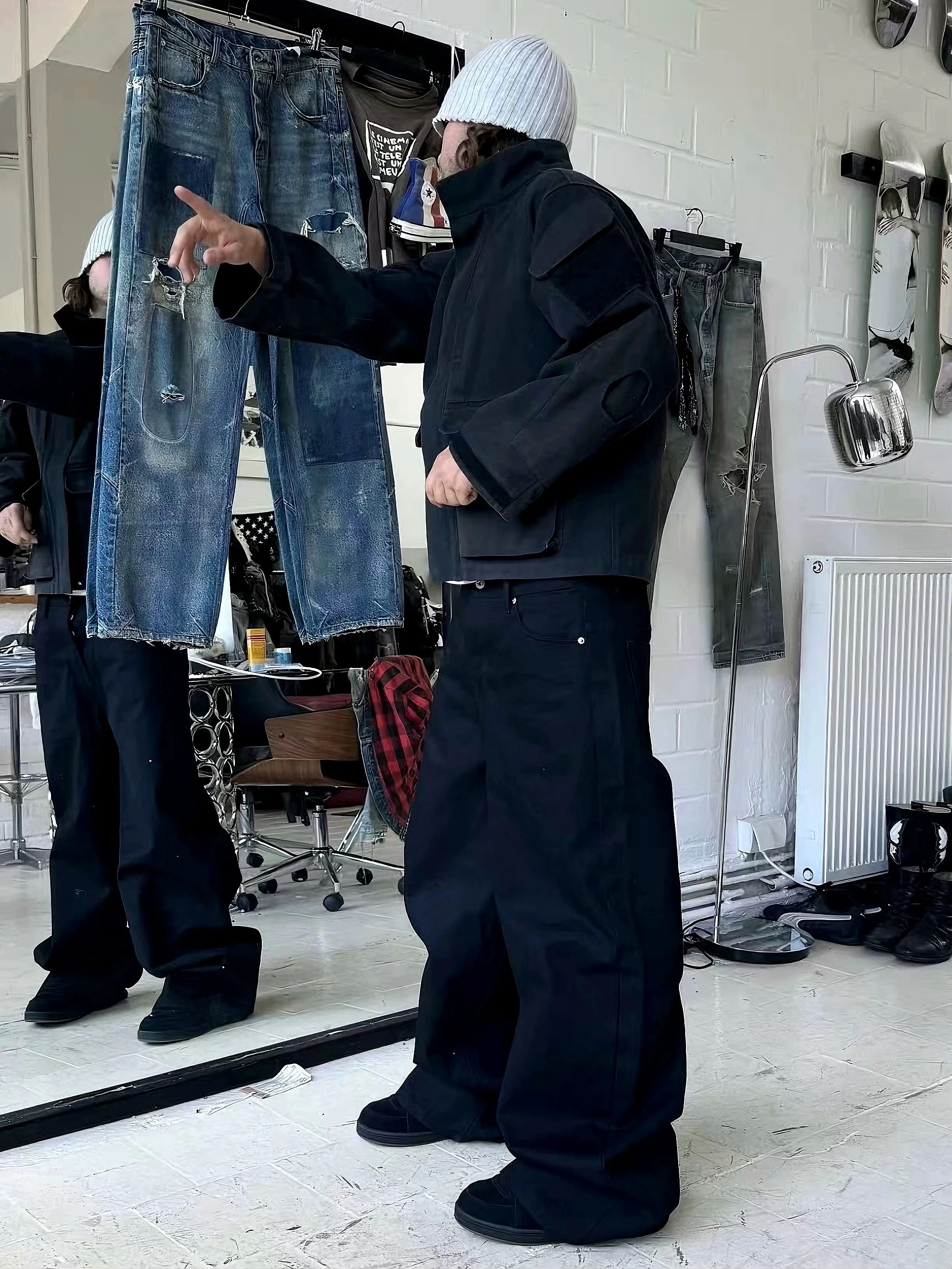 No Faith Studios Pure Black Wide Leg Jeans 3D Tailoring Knife  Denim Pants Unisex Youth Fashion Wear Resistant