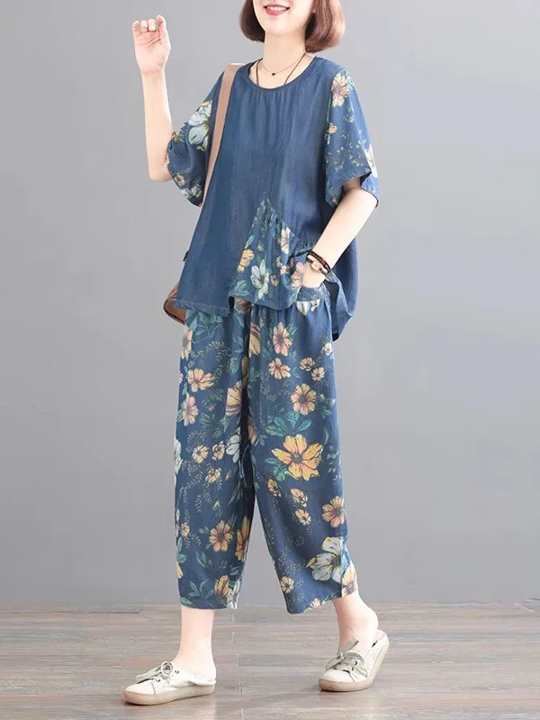 

Summer Faionable Two-Piece Set Women's Large Size Patchwork Silk Denim Trendy Outfit Korean Sle round Ne ort Sve