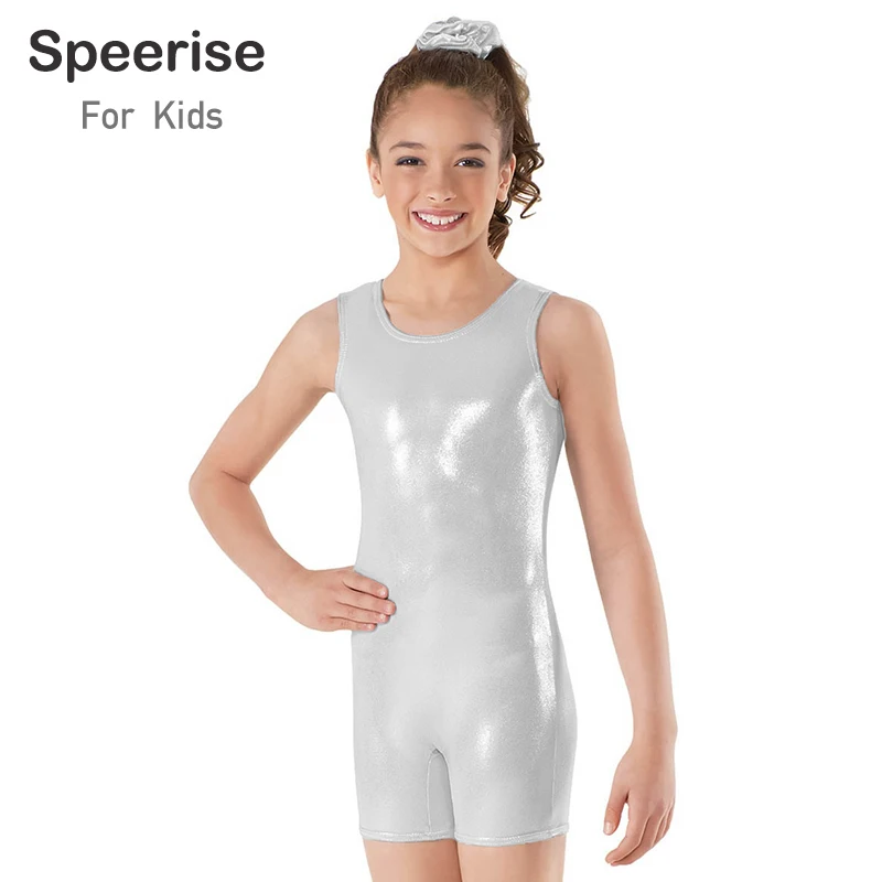 Kids Silver Metallic Spandex Dance Costume Shiny Gymnastics Short Unitard Tank Biketards One Piece Unitards Leotards Boys Girls