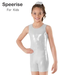 Costume da ballo per bambini in spandex metallizzato argento Ginnastica lucida Canotta corta Unitard Biketards Body intero per ragazzi e ragazze