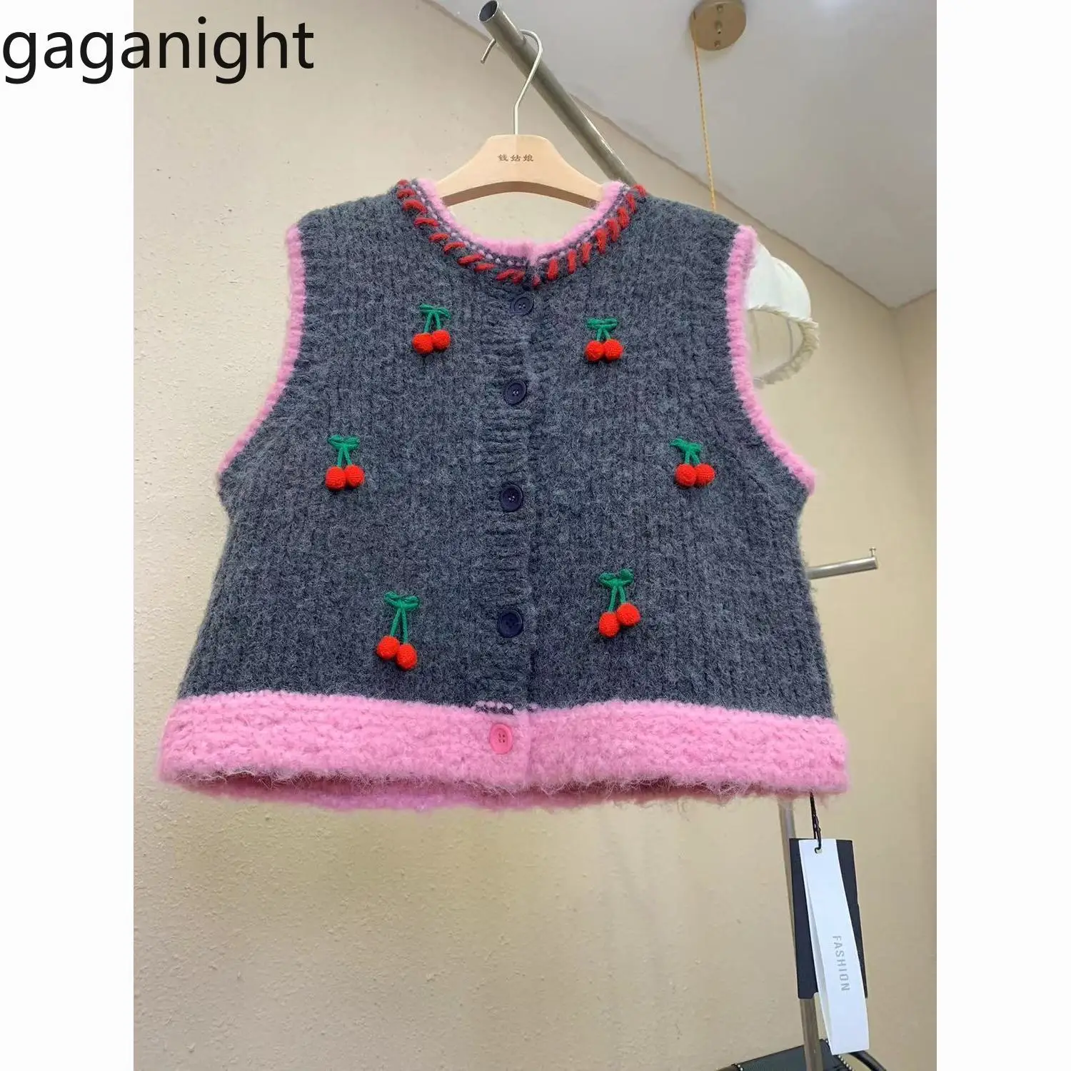 Gaganight Women Heavy Industry Cherry Fashionable Vest Jacket 2024 Spring New Thin Pink Grey Korean O neck Cardigan Sweater