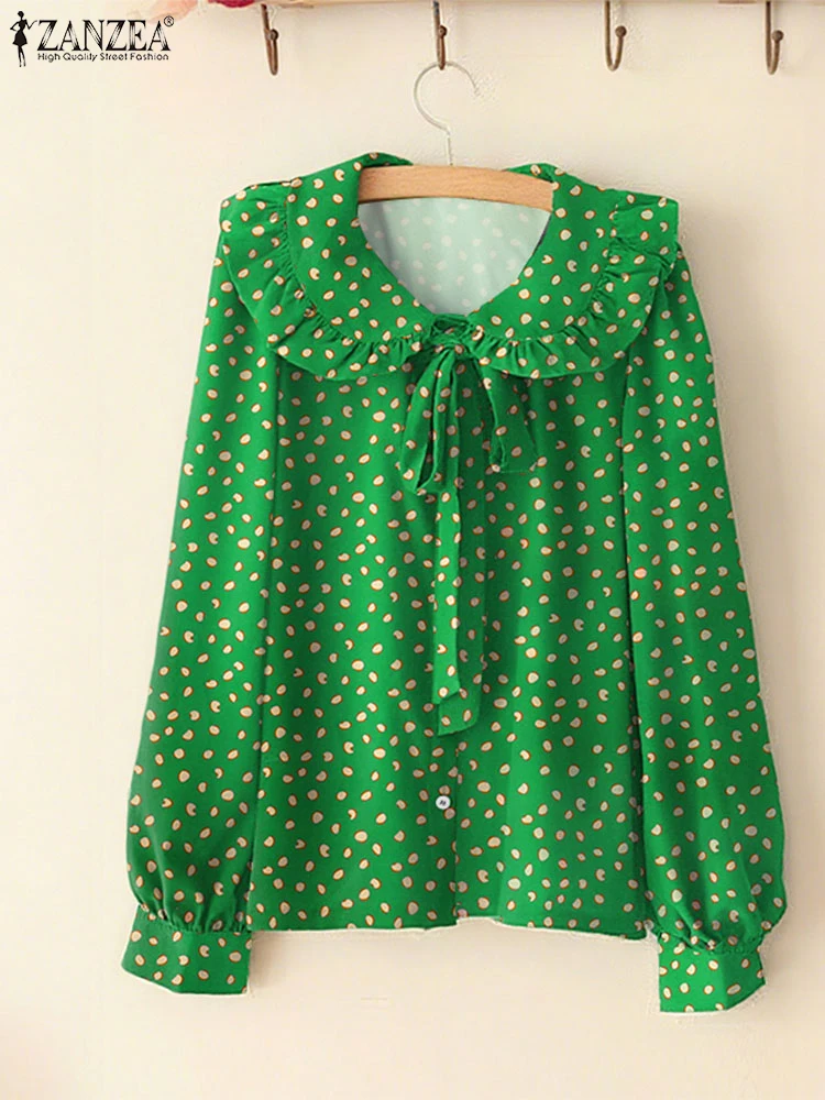

ZANZEA женские рубашки 2025 модная осенняя блузка с длинным рукавом с принтом, стильные топы с воротником Питера Пэна и бантом, повседневные блузки