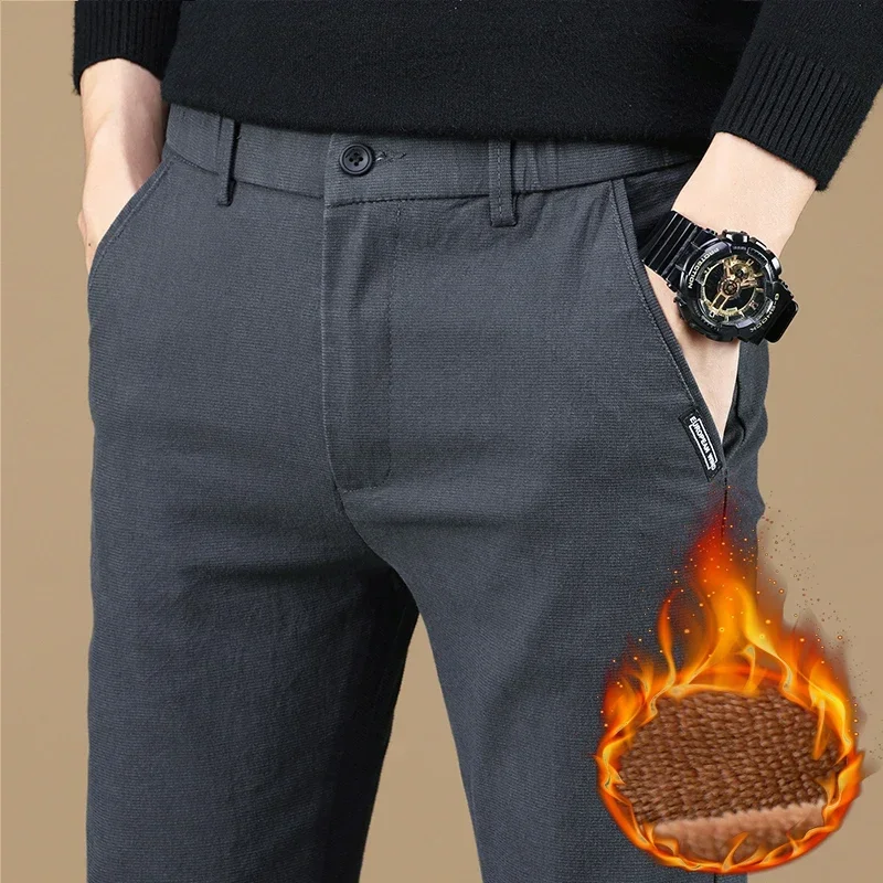 

Slim Warm Men's Fleece Pants - Stretch Thick Velvet Casual Trousers Plush Winter Male Fashion Trend Pant for Daily Wear