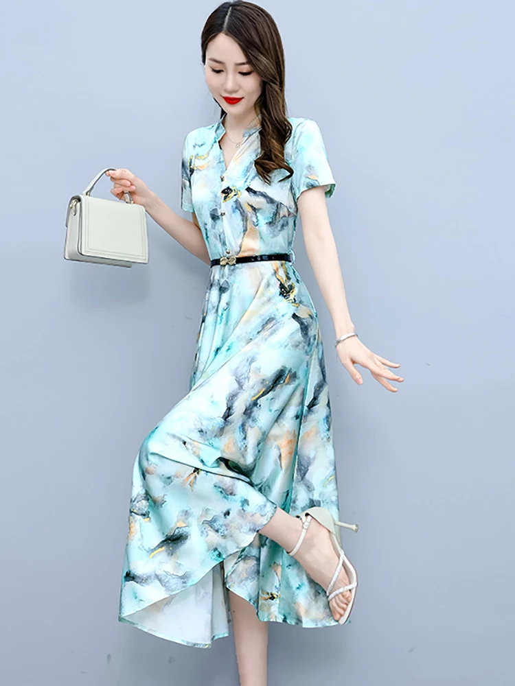 Zomerprint Zijde Satijn Korte Mouw V-Hals Midi Jurk 2024 Elegante Luxe Feestjurk Voor Vrouwen Chique Koreaanse Casual Maxi Jurken