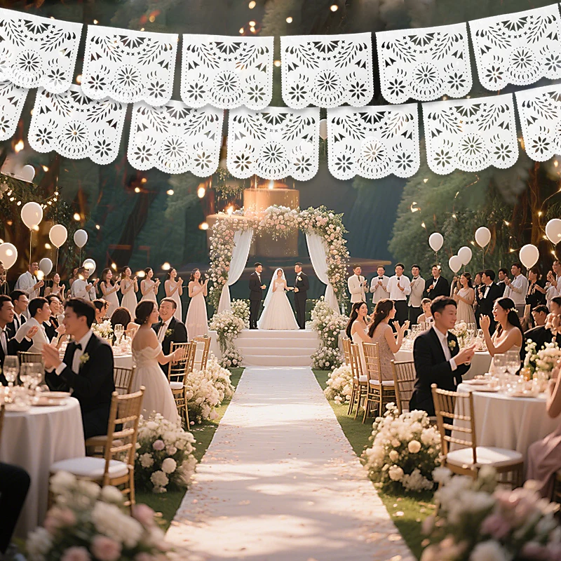 Weiße Hochzeit Papel Picado Banner Cinco De Mayo Kunststoff mexikanische Party Banner Urlaub hängende Dekoration Vorschlag Party Girlande