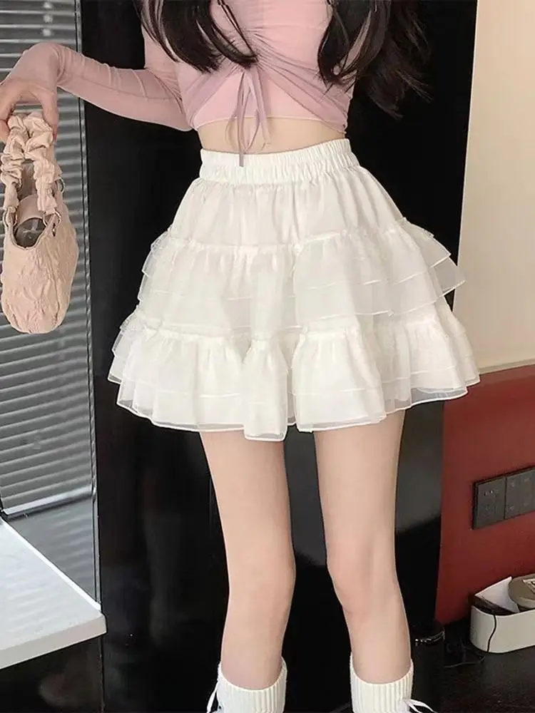 

2024 Summer New Fashion Elegant Ballet Style Solid Color Sweet Mesh Puff Skirt High Waist Women's Short Academy Style L355