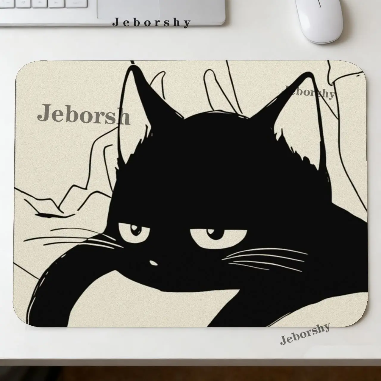 Black Cat Illustration Mouse Pad Small Office Table Mats Computer Accessories Washable Non-slip Rubber with Precision Lock Edge