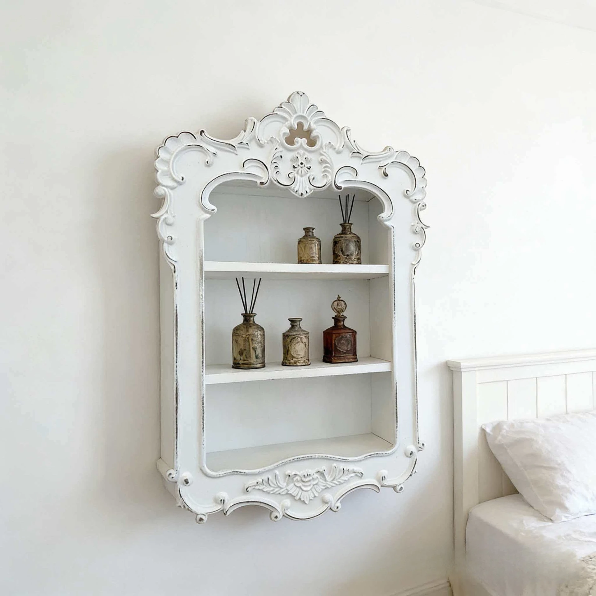 Nordic Wall Shelf Set with Carved Panels Heavy-Duty Floating Bookshelf & Wall-Mounted Storage Cabinet for Living Room/Office