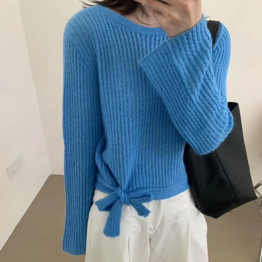 

Solid Color Sweater Korean Lace Up Design Long Sleeved Knitted Sweater Top for Women Autumn Winter New Versatile O-Neck Pullover