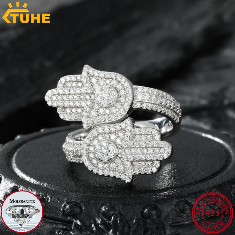 TUHE S925 Rings Sterling Silver Fatima Hand for Women Party Jewelry 18K White Gold Plated Hip Hop Bling Jewelry Gift