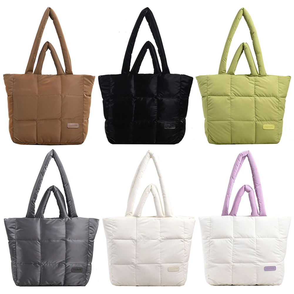 

Women Cotton Padded Handbag Solid Color Checkered Quilted Handbag Large Capacity Casual Ladies Girls Trendy Bag