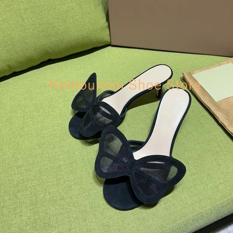 Women's Exquisite Handmade Mesh Patchwork Butterfly Decor Slipper Fairy Peep Toe Stiletto Slipper Sexy Slingback Slip On Slipper