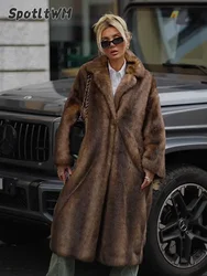 Women's Dark Brown Faux Fur Long Overcoat Single Breasted Fleece Long Trench Coat Winter Fluffy Plush Warm New Thicken Outerwear