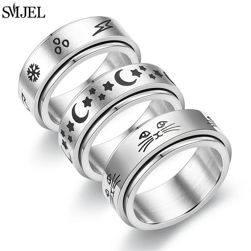 Punk Anti Stress Fidget Spinner Ring Black for Men Women Stainless Steel Anxiety Knuckle Rings 6/8mm Relaxing Finger Jewelry