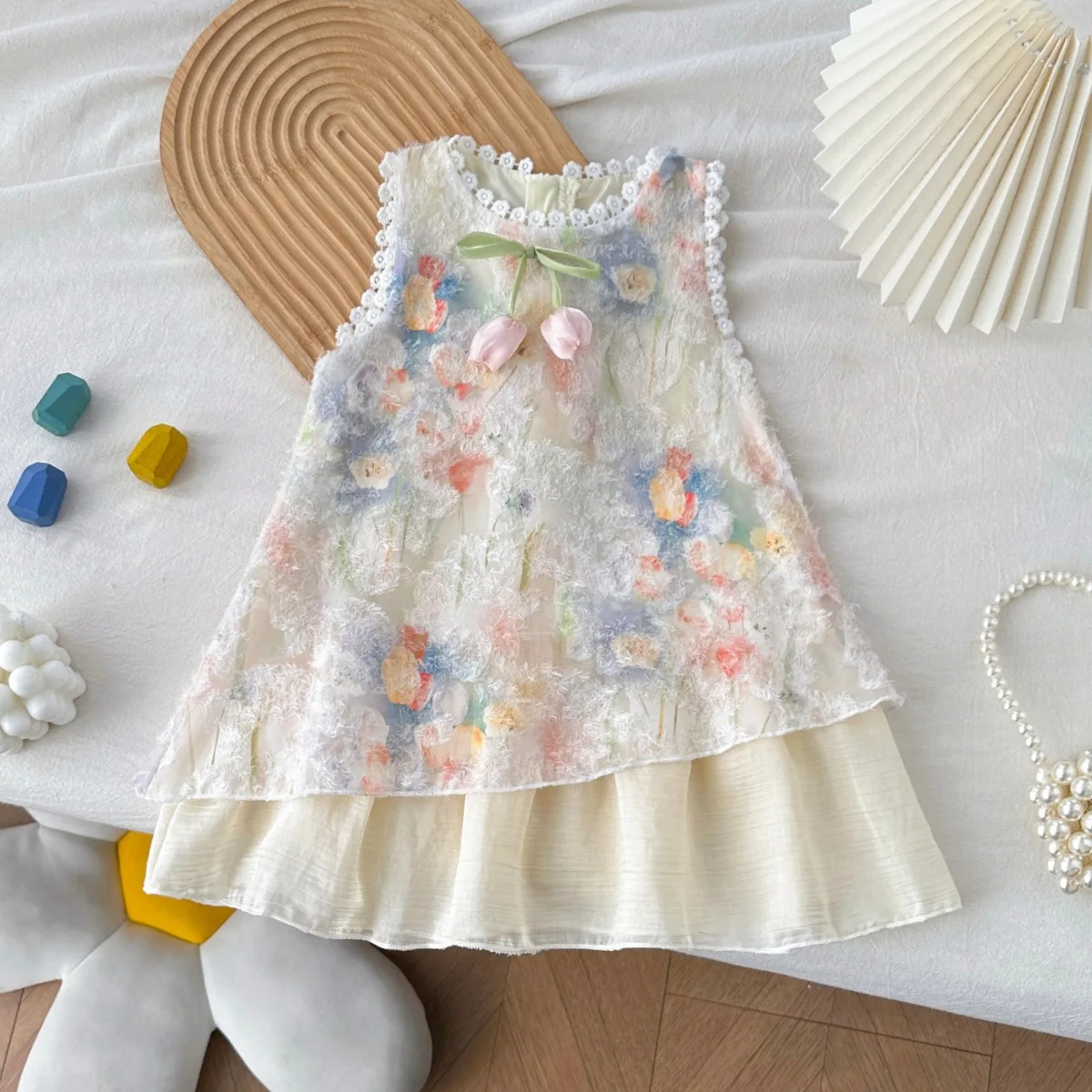 Girls Sleeveless Tulip Print Dress with Bow – Soft Cotton Summer Dress for Ages 3-7, Sweet Princess Outfit Kids Dress