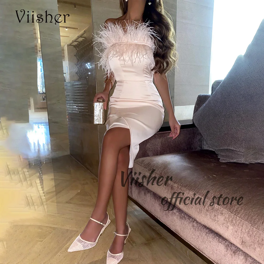 

Viisher Short Mermaid Evening Dresses Feather Strapless Mono Satin Sexy Bodycon Prom Party Dress Arabic Dubai Outfits