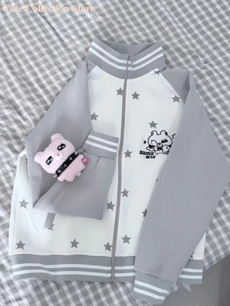 

Cute Casual Star Patchwork Block Zip Up Hoodie Women's Cartoon Print Plush Bear Doll Pocket Loose Fit Jackets Spring Autumn Coat