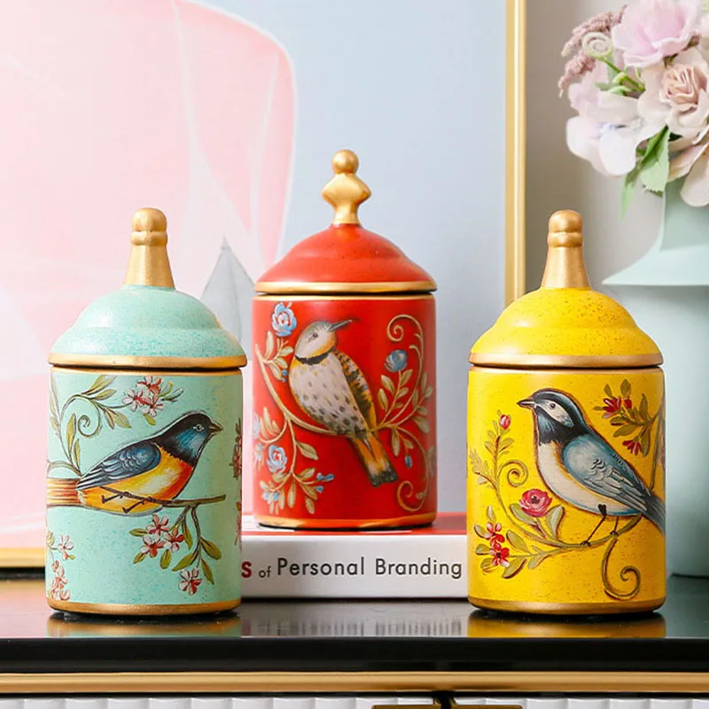 Vintage Ceramic Kitchen Canister Jars Storage Bottles Retro Tea Candy Tin Sugar Pot Pastoral Bird Printing Painted Storage Cans