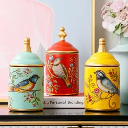 Vintage Ceramic Kitchen Canister Jars Storage Bottles Retro Tea Candy Tin Sugar Pot Pastoral Bird Printing Painted Storage Cans