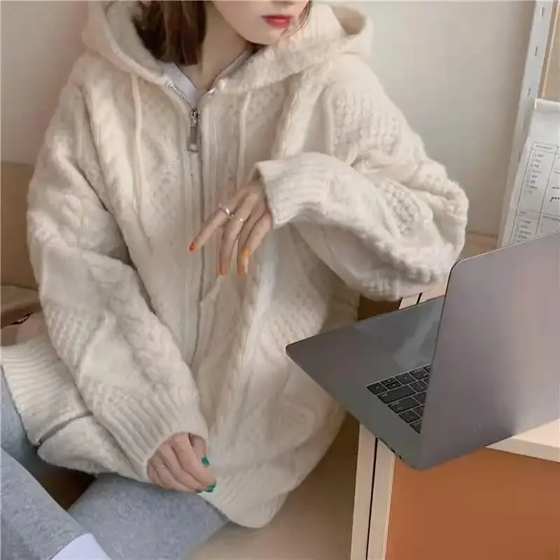 Korean Fashion Knit Cardigan Women 2023 Autumn Winter Casual Loose Zipper Hooded Thick Sweater Coat Long Sleeve Pink Top Y2k Ins