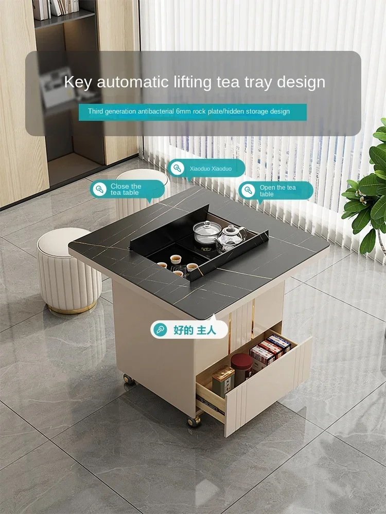 Wyj Stone Plate Lifting Mobile Tea Table Small Apartment Home Light Luxury Tea Cabinet Functional Coffee Table